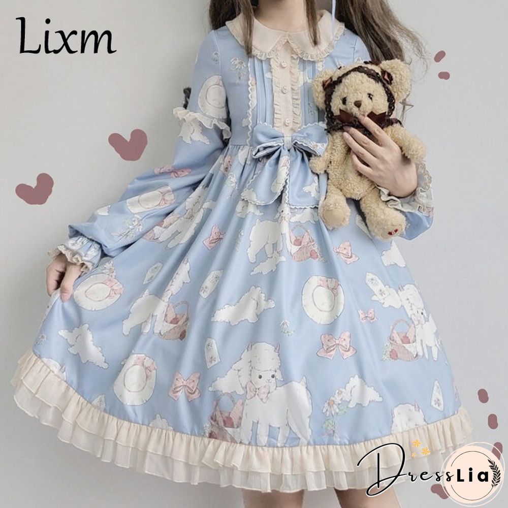 Kawaii Japanese Lolita Vintage dress Lamb Printing women soft girl style cute Princess