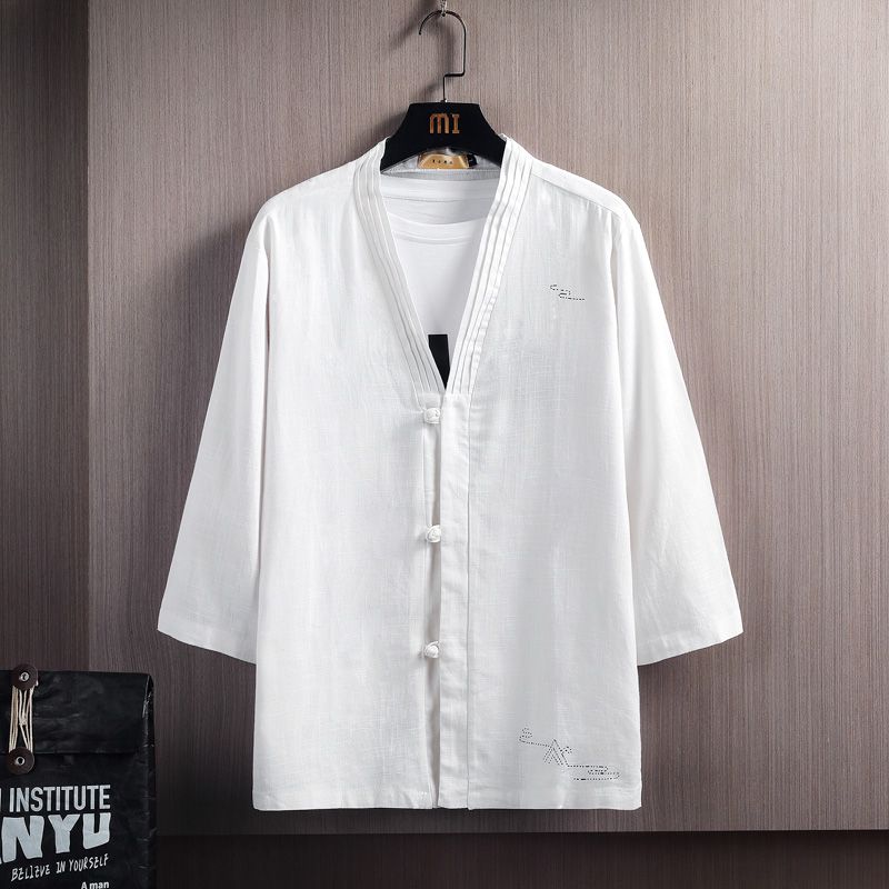 Sshamim  mens sexy costume Chinese Style Men's 2024 Summer Patchwork V-Neck Button Pocket Vintage Fashion Solid Color Loose Fitting Three Quarter Shirts