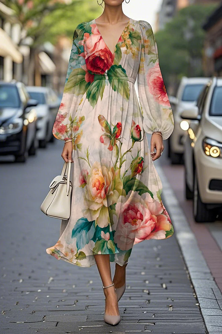 Elegant Floral Print Lantern Sleeve V-Neck A-Line Midi Chiffon Dress