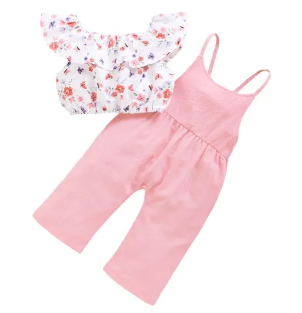 2 Pcs Infant Casual Outfits, Baby Girl Ruffle Off Shoulder Floral Crop Top + Tie Up Solid Color Overalls 1-6T