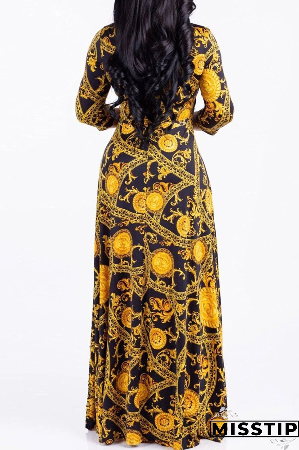 Blue Fashion Casual Print Bandage V Neck Long Sleeve Dresses