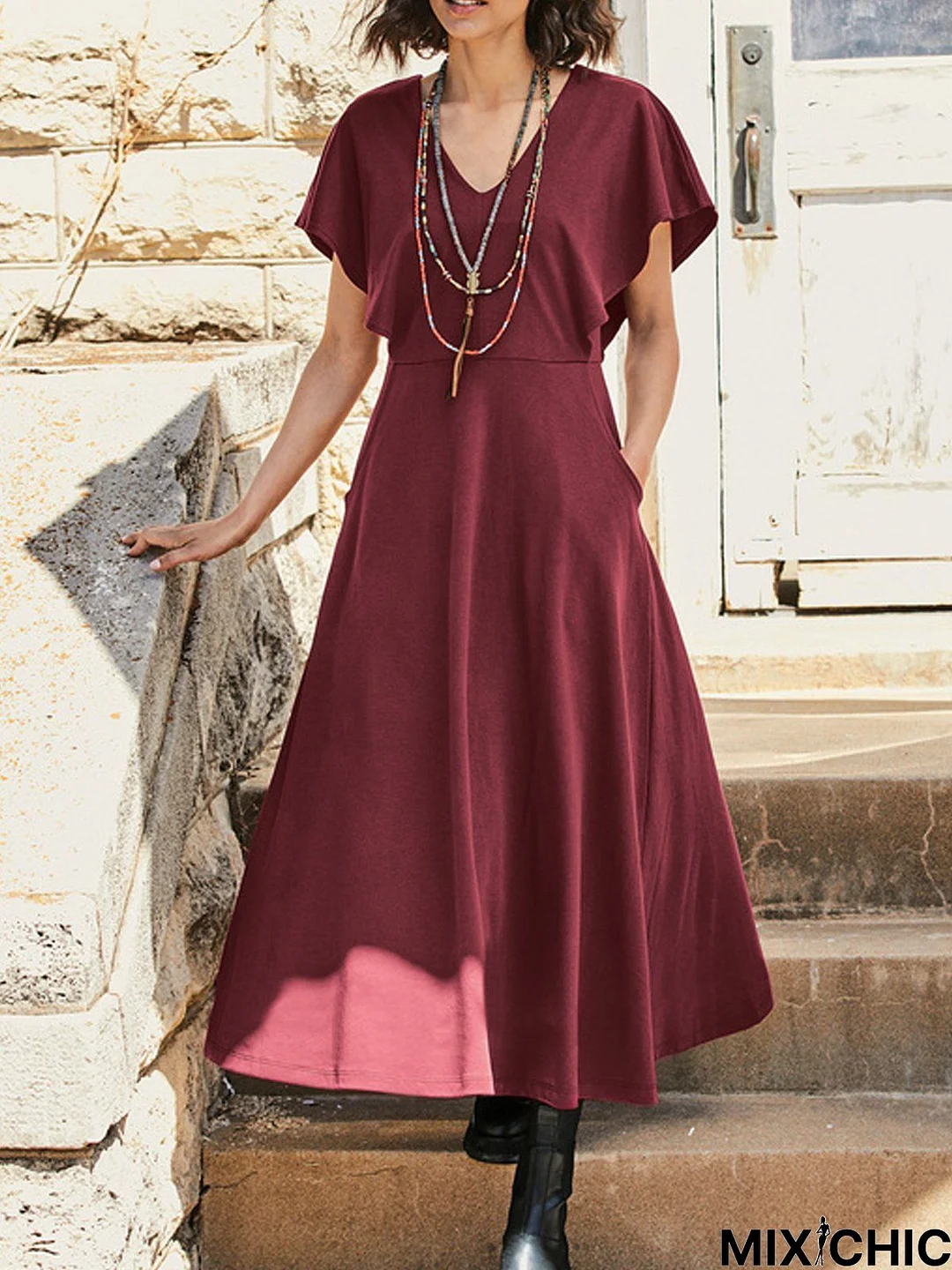 Casual V Neck Plain Dress