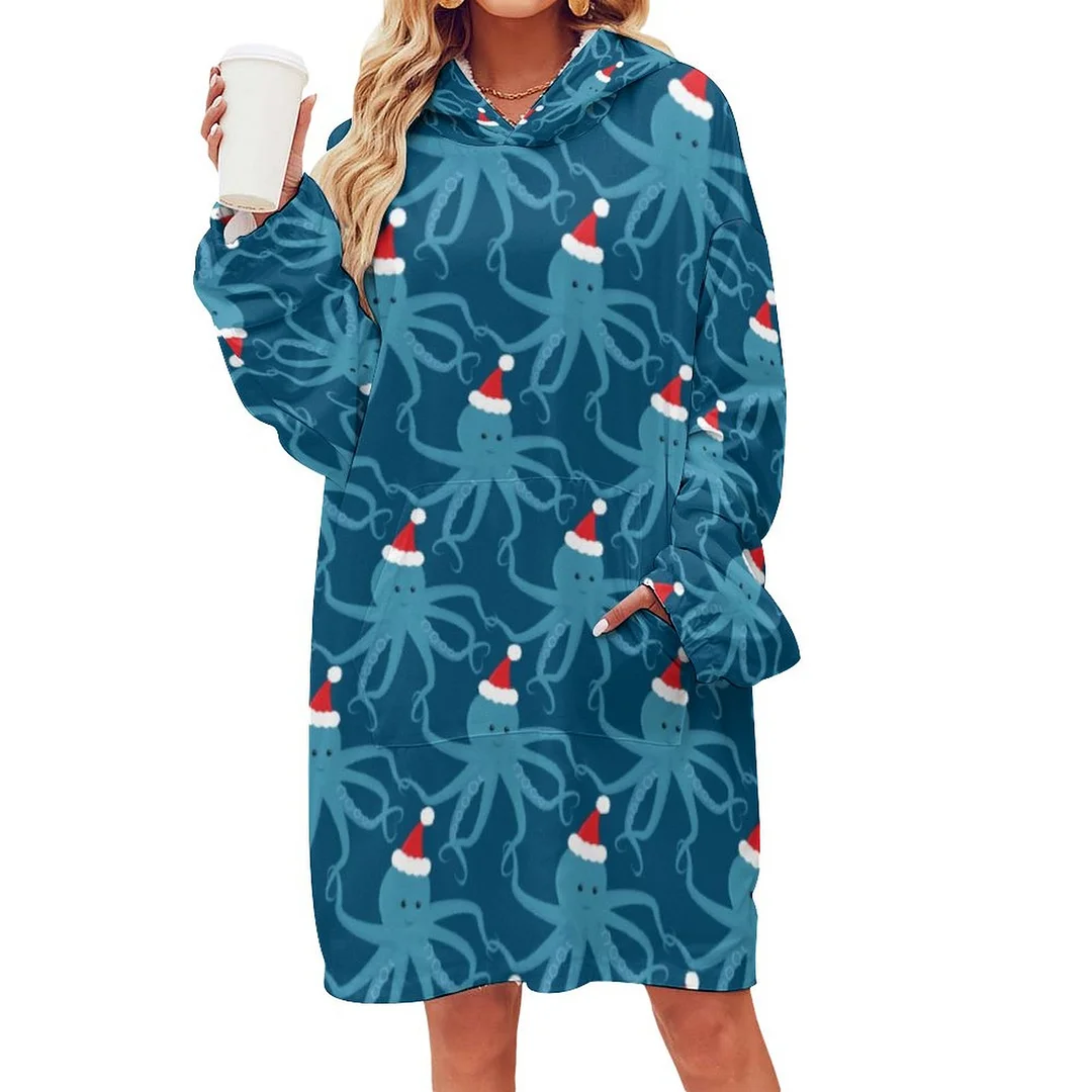 Octopus Santa Hat Blue Christmas Oversized Sherpa Fleece Sweatshirt Blanket Hoodie Warm Cozy Wearable Tops with Pocket