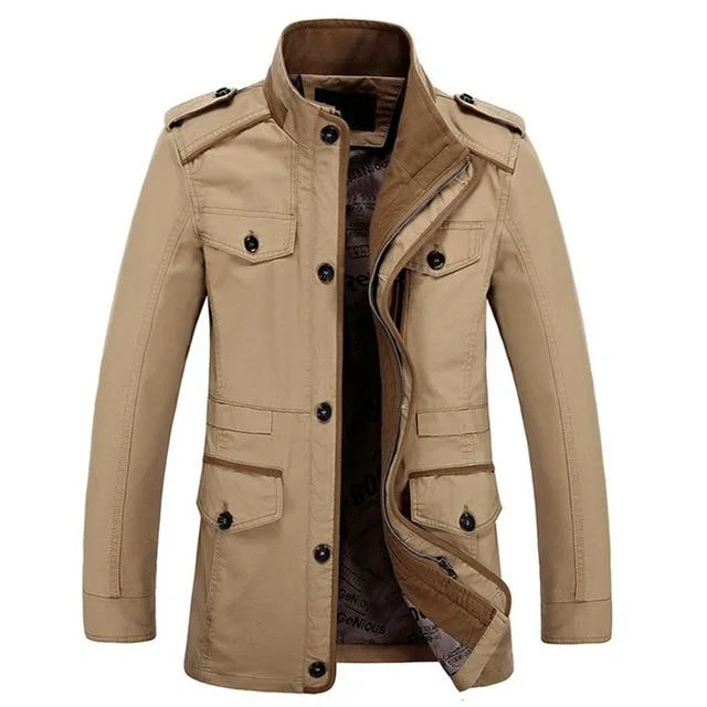 Mens Fashion Brand Casual Jacket Stand Collar Fat Slim Washed Cotton Long Jacket Coat Outwear