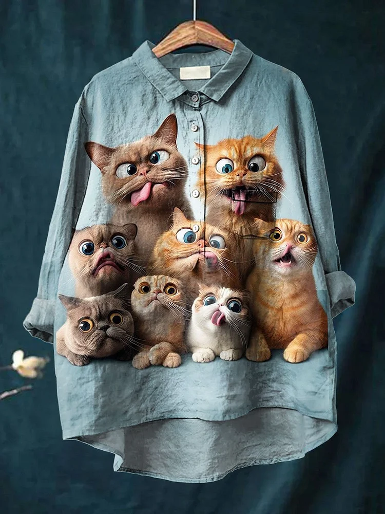 Funny Cute Cat Printed Womens Casual Cotton And Linen Shirt