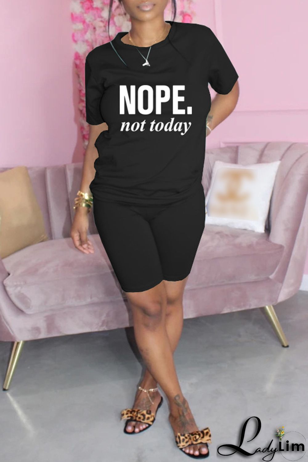 Blue Fashion Casual Letter Print Basic O Neck Short Sleeve Two Pieces