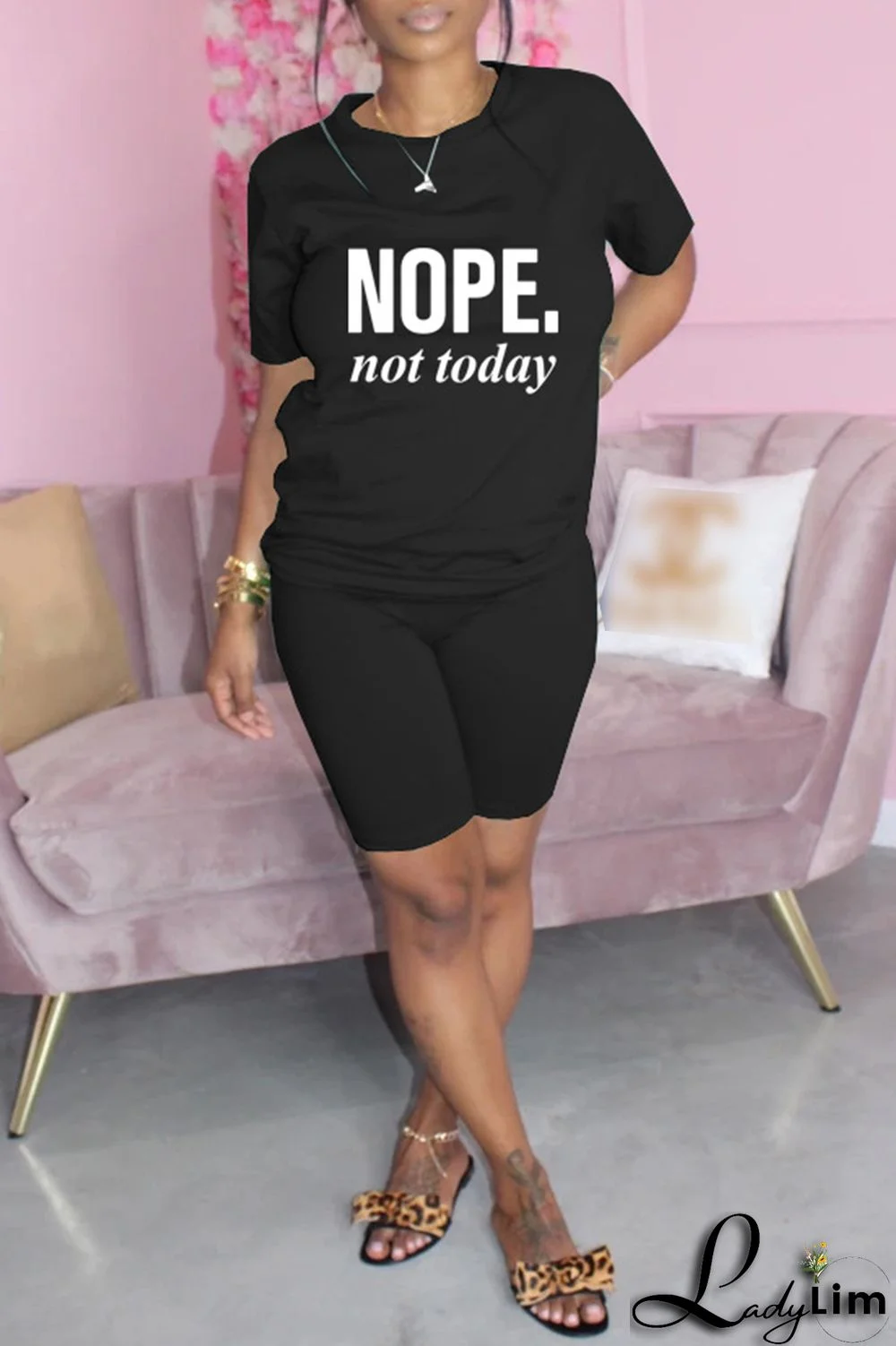 Blue Fashion Casual Letter Print Basic O Neck Short Sleeve Two Pieces