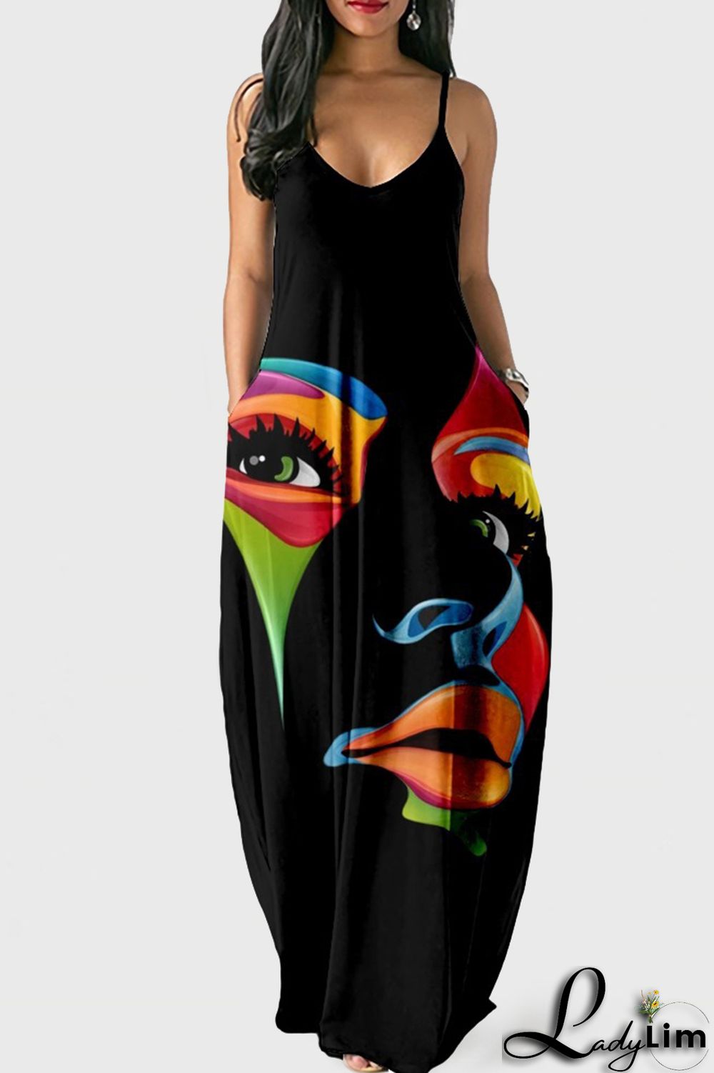 White Blue Fashion Sexy Print Backless Spaghetti Strap Long Dress