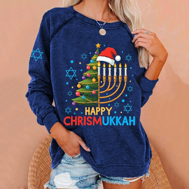 Women's Happy Chrismukkah Printed Crew Neck Sweatshirt