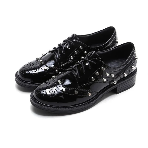 Black Patent Leather Wingtip Vintage Oxfords with Round Toe Vdcoo