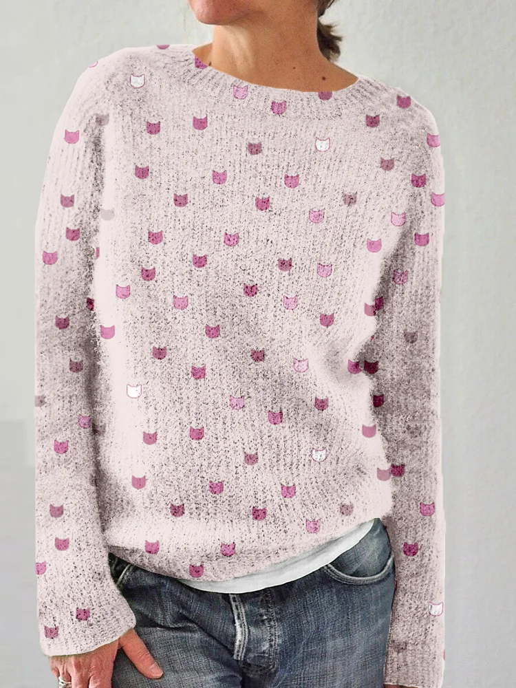 🔥kukelife🔥Cute Cats Graphic Crew Neck Cozy Knit Sweater