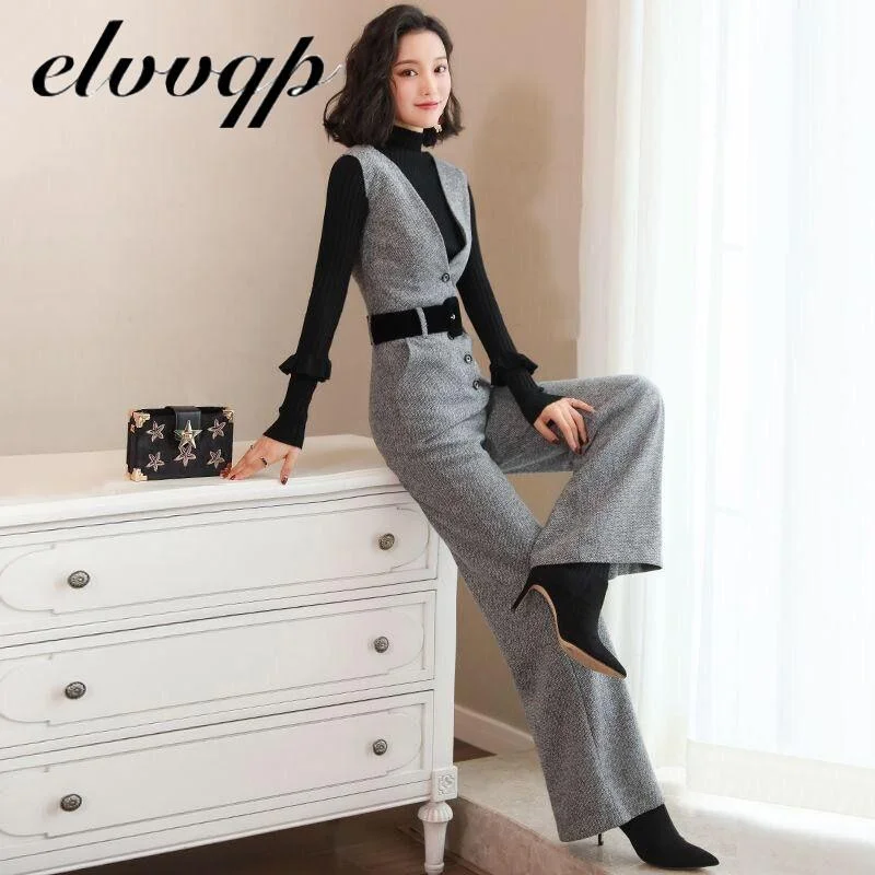 Spring Womens Woolen Overalls Woolen Vest Jumpsuit For Office Lady Elegant Business Suit Wide Leg Pants Women Fashion Clothing