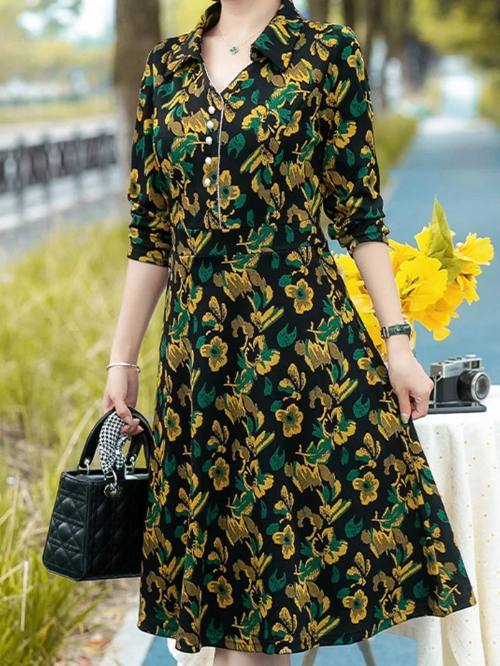 Long Sleeve Lapel Fashion Print Dress