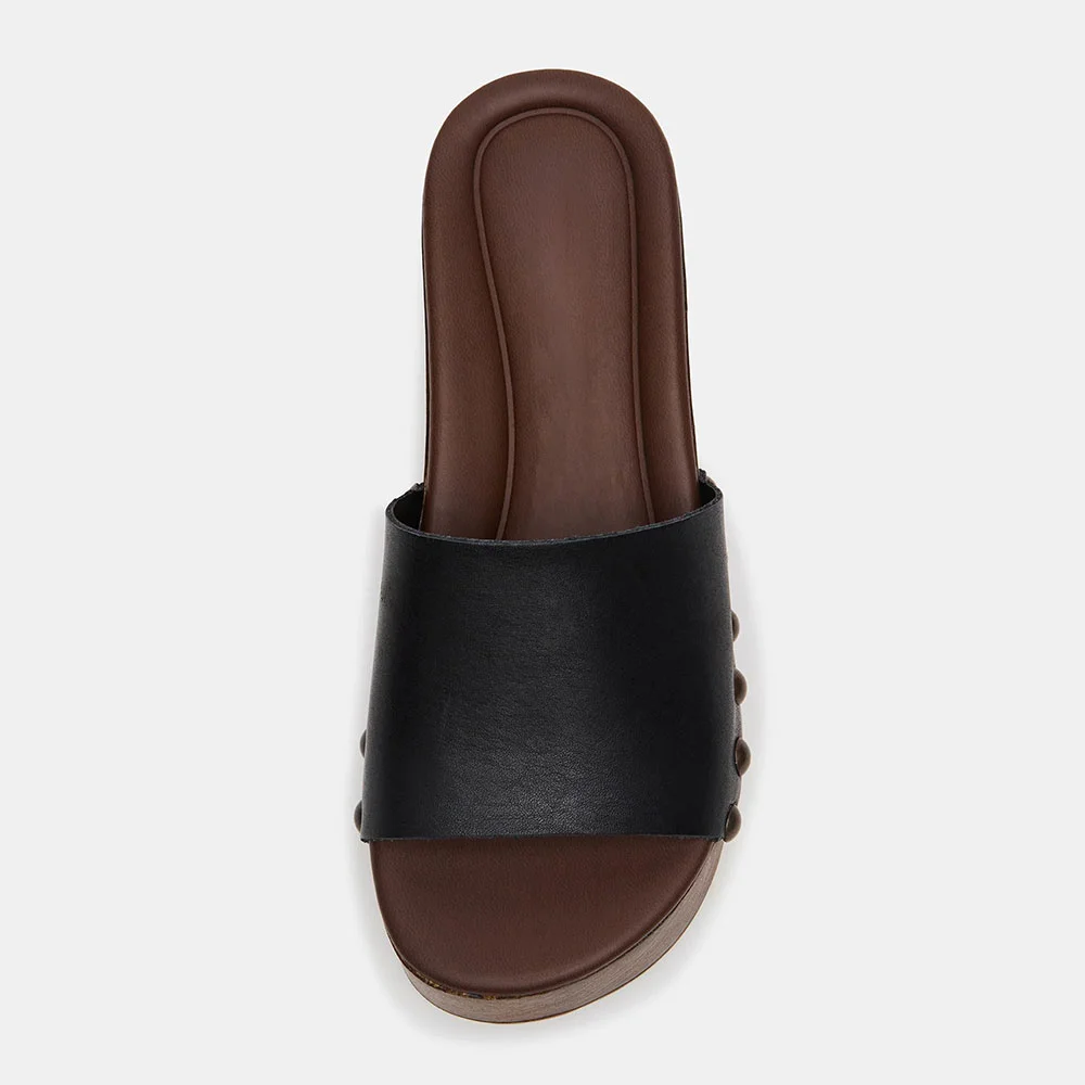 Women's Black Faux Leather Platform Slide Sandals with Studded