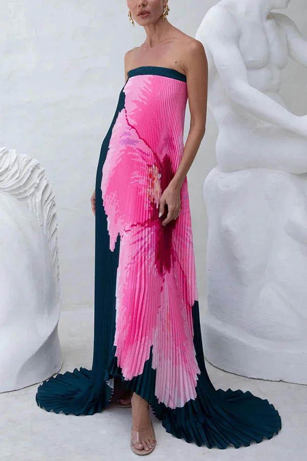 All about Her Pleated Floral Print Off Shoulder A-line Maxi Dress
