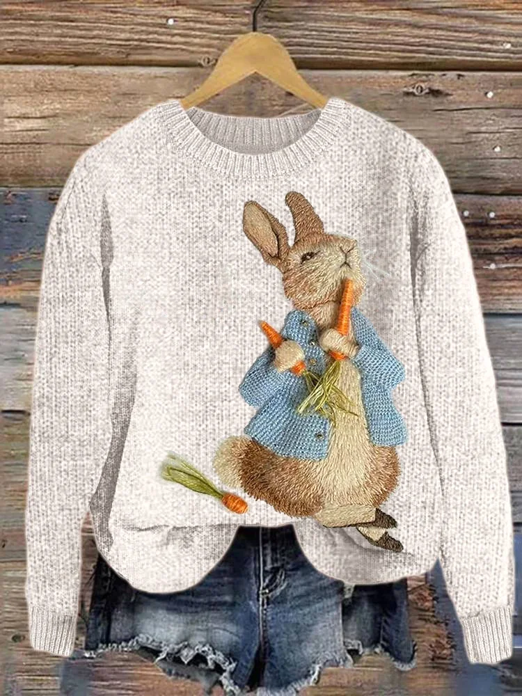 VChics Cute Bunny Embroidery Art Cozy Knit Sweater