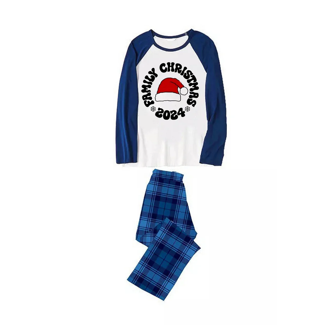 "Family Christmas 2024" Text and Santa Hat Print Blue & Black Plaid Christmas Family Matching Pajamas