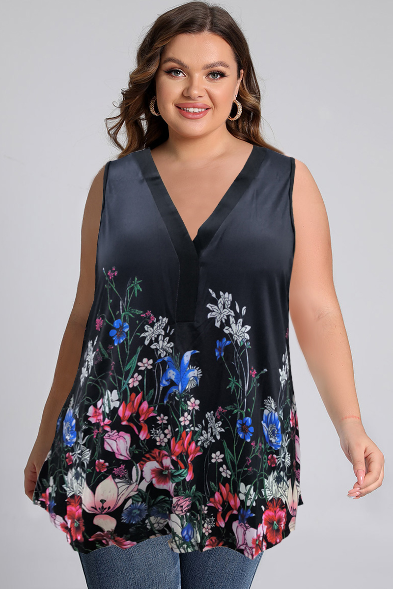 Plus Size Floral Ombre Print V Neck Tank Top 2024 - Flycurvy 