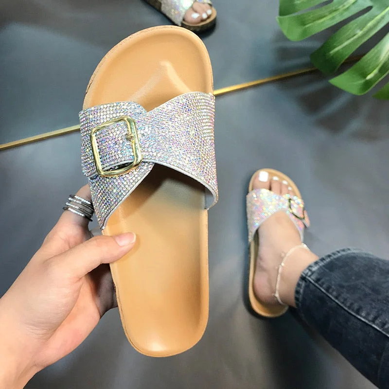 Women Sandals Fashion Metal Buckle Slippers 2021 New Female Chunky Shoes Women Flat Slip On Black PU Leather Platform Shoes