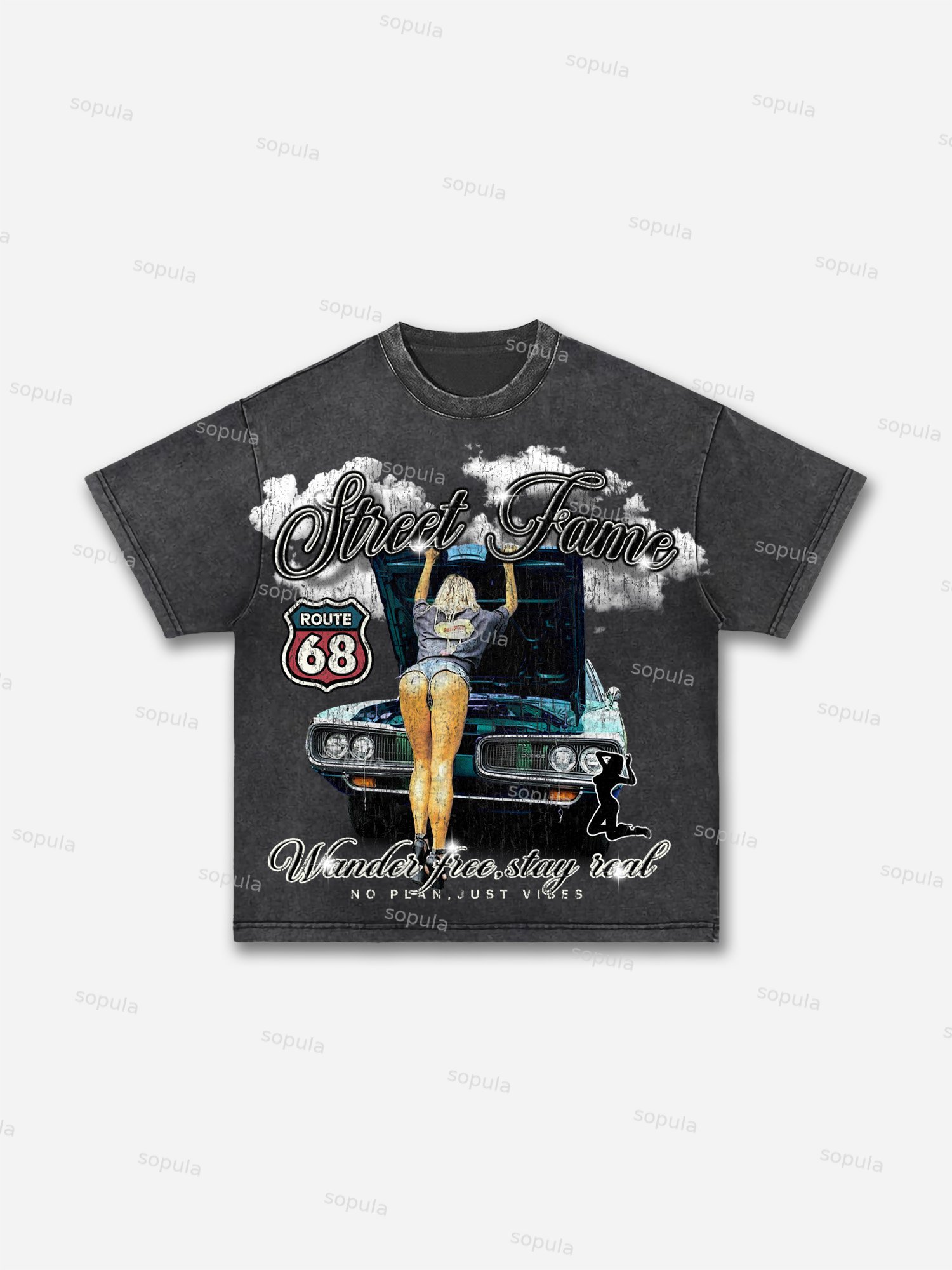 Streetfame Highway 68 Muscle Car Girl Old Vintage Graphic Acid Wash T-shirt - Sopula｜Premium Graphic Tees & Graphic Clothing