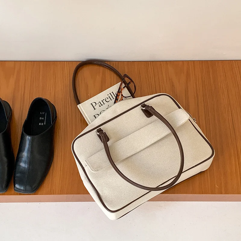 Mongw Mongw South Korea Early Spring New Spell Color Square Handbag Female Large Capacity Retro Fashion Commuter Canvas Single Shoulder Bag