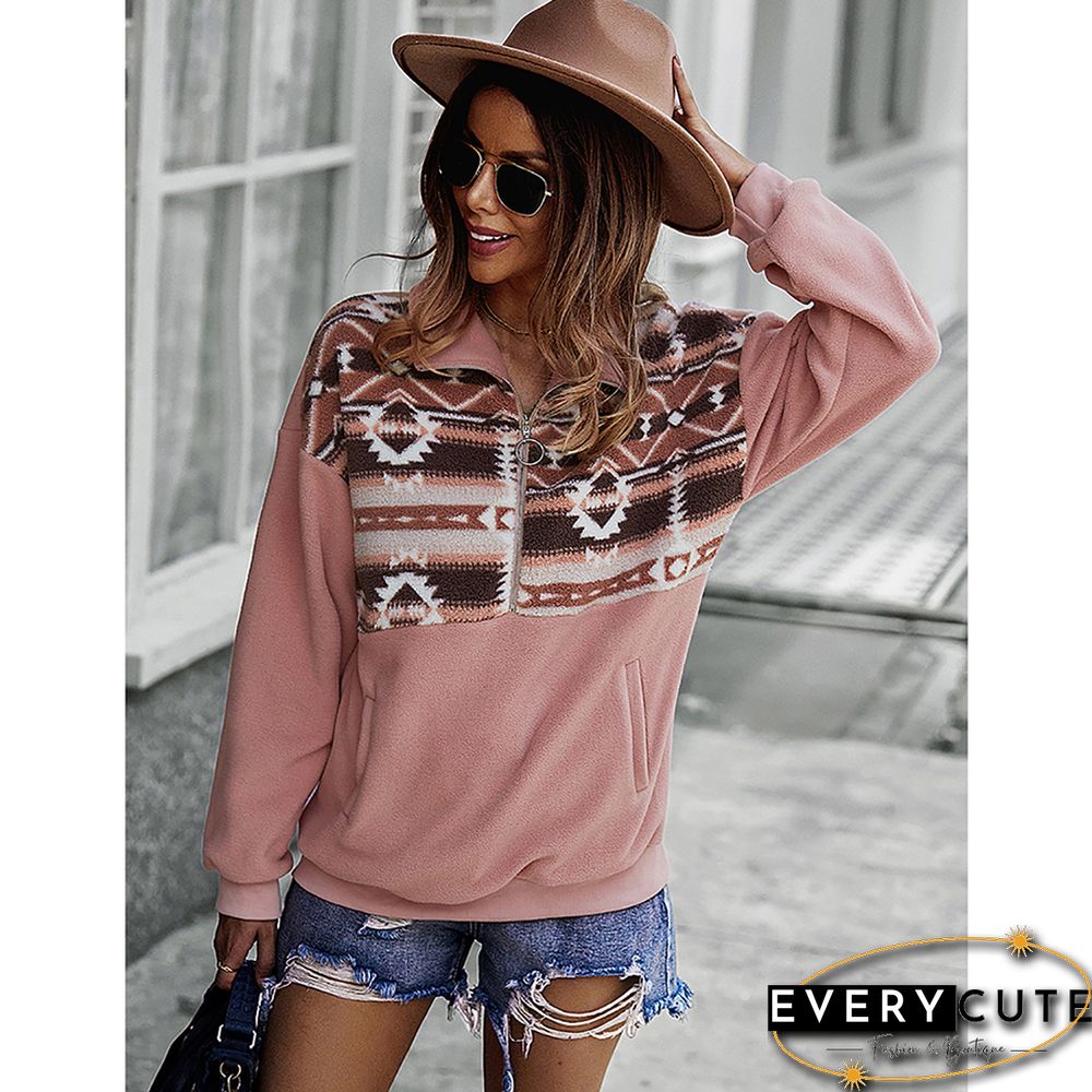 Pink Splice Print Polar Fleece Warm Pullover Sweatshirt