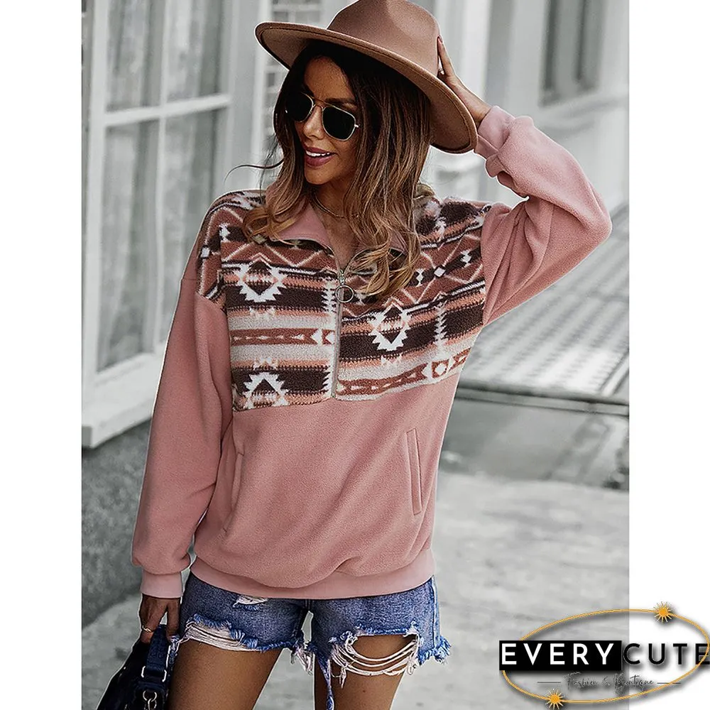 Pink Splice Print Polar Fleece Warm Pullover Sweatshirt