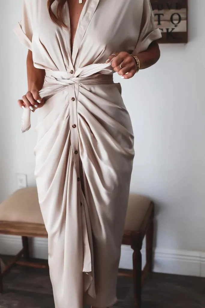 Vintage Plain Short Sleeve Midi Dress With Belt-vocosishoes