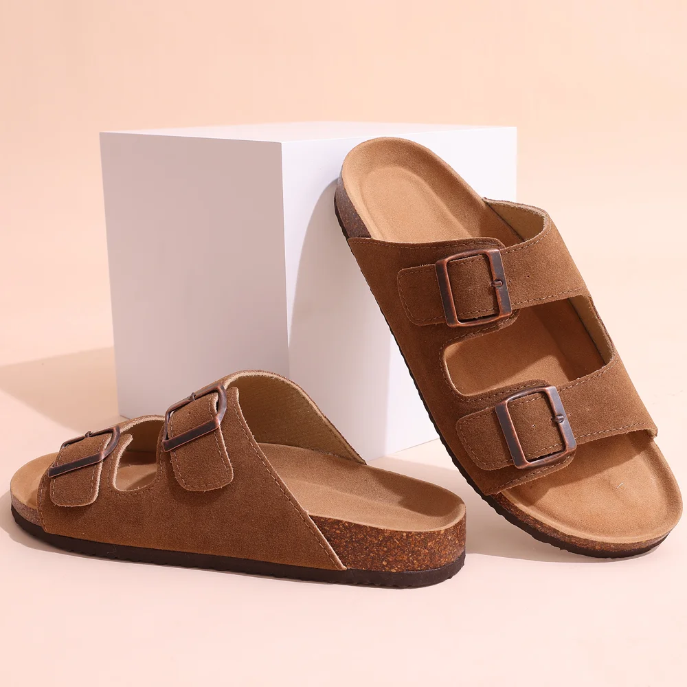 Unisex Classic Soft Thick Sole Cork Sandals Double Buckle Summer Beach Slippers