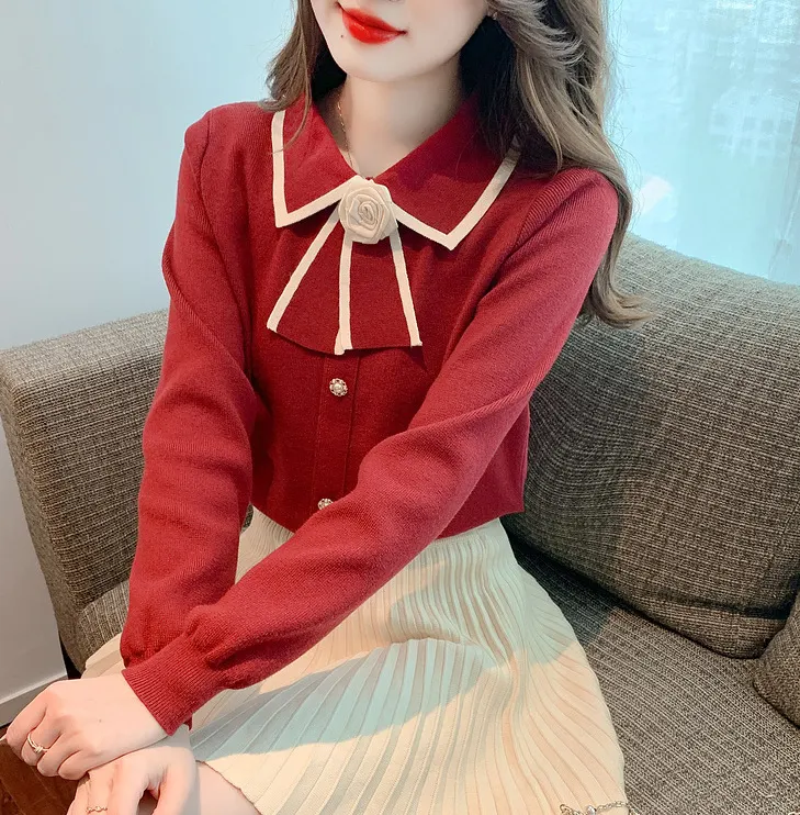 Uveng Uveng Autumn New Female Fragrant Wind Bottoming Spliced Temperament Sweater College Style Doll Collar Bow Knitted Shirt