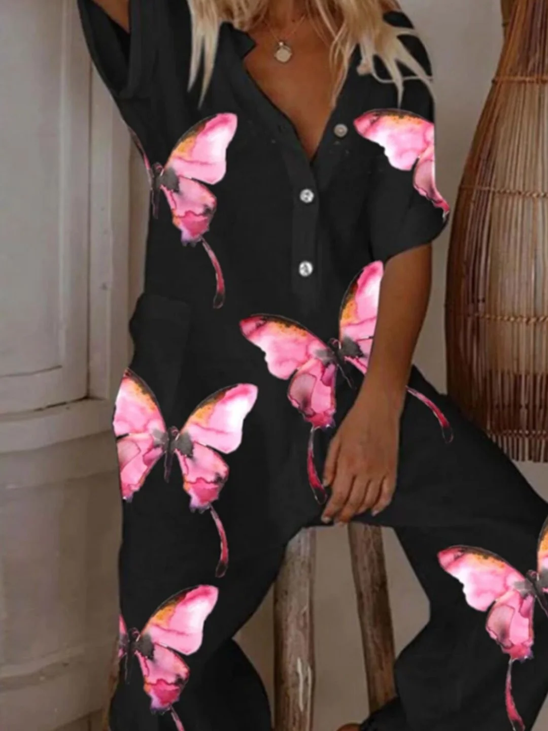 Pink butterfly women loose black jumpsuit