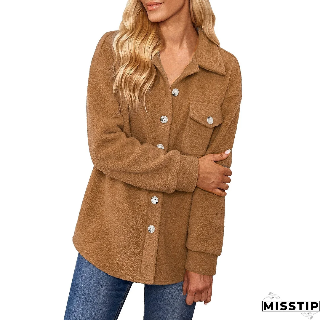 Women Long Sleeve Solid Color Pocket Fashion Casual Button Jacket