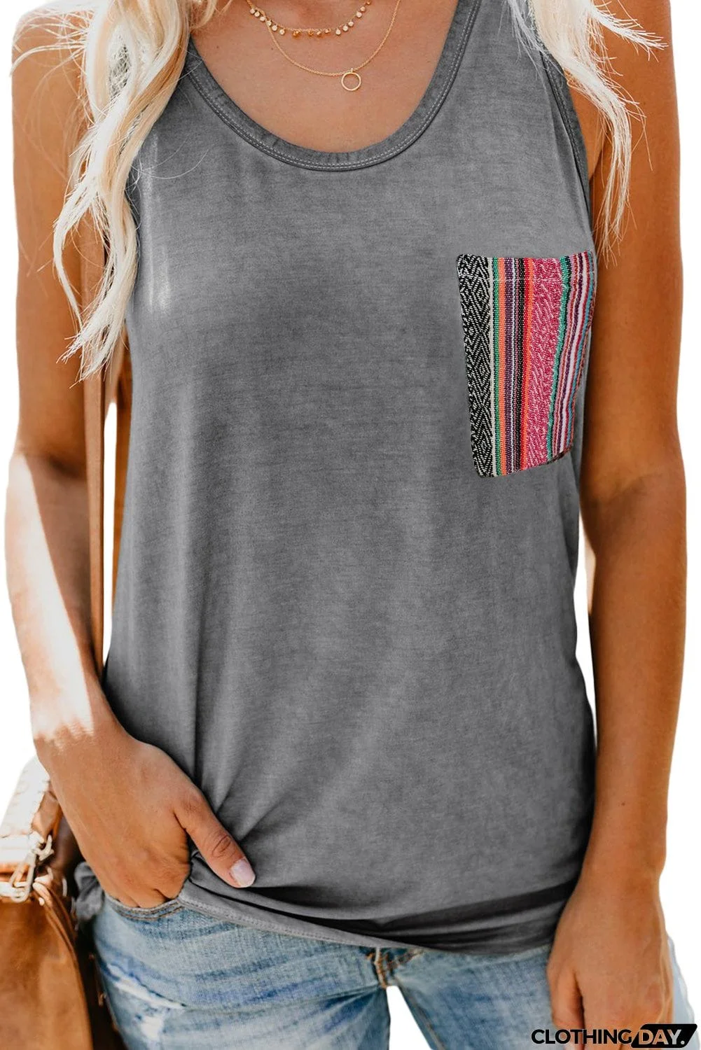 Casual Women Tank Top with Multicolor Pocket