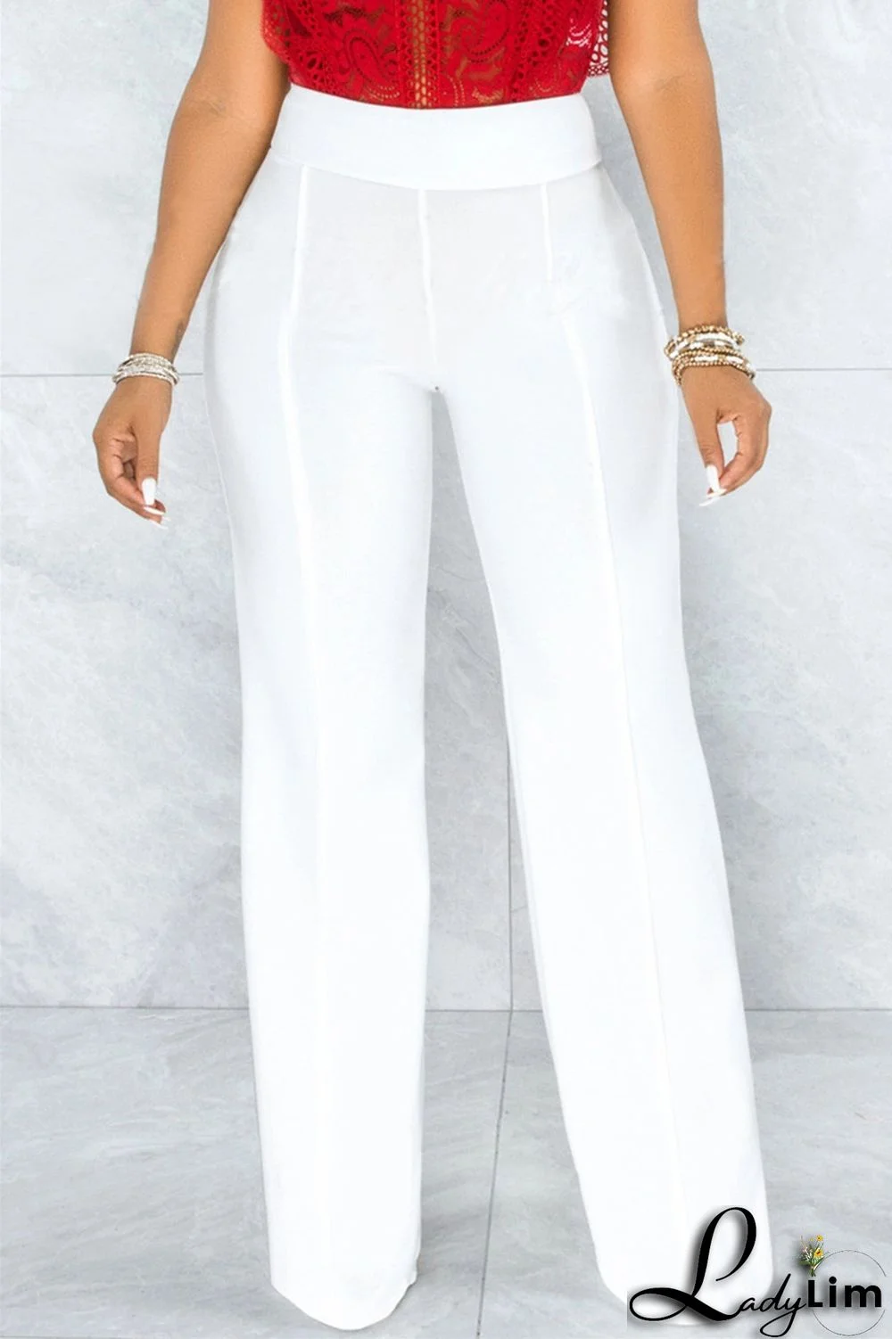 White Fashion Casual Solid Basic Regular High Waist Trousers