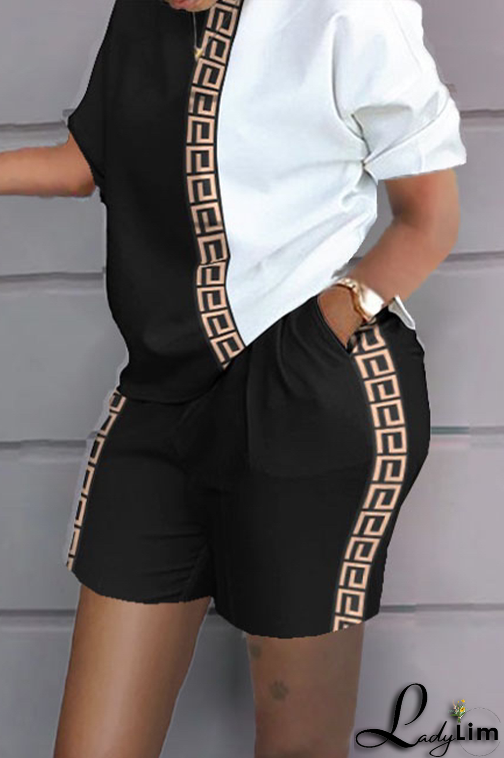 White Yellow Casual Print Patchwork O Neck Short Sleeve Two Pieces