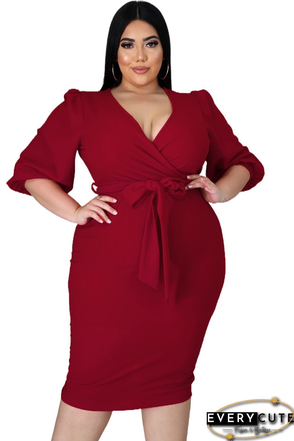 Red Plus Size Puff Sleeve Wrap V Neck Midi Dress