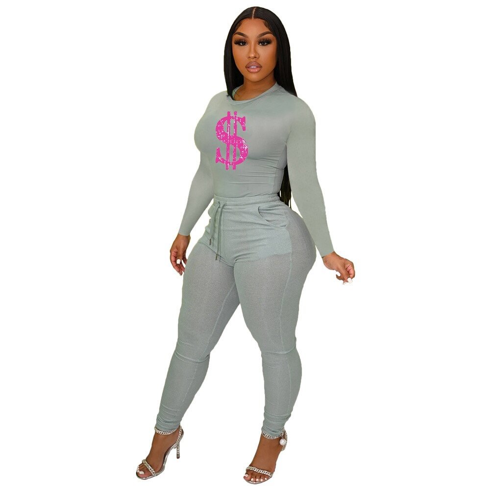 FAGADOER Solid Women Skinny Two Piece Sets Spring Bodycon Tracksuits Dollar Print Top And Leggings Pants 2pcs Outfits 2022 New