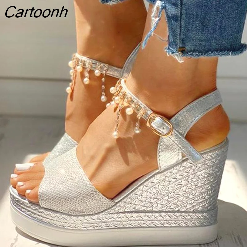 Cartoonh New Women Wedge Sandals Summer Bead Studded Detail Platform Sandals Buckle Strap Peep Toe Thick Bottom Casual Shoes Ladies 328-0