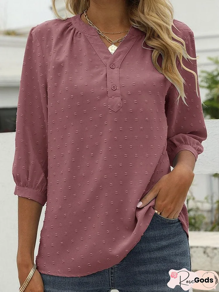 Solid Color V-Neck Casual Short Sleeve Blouse