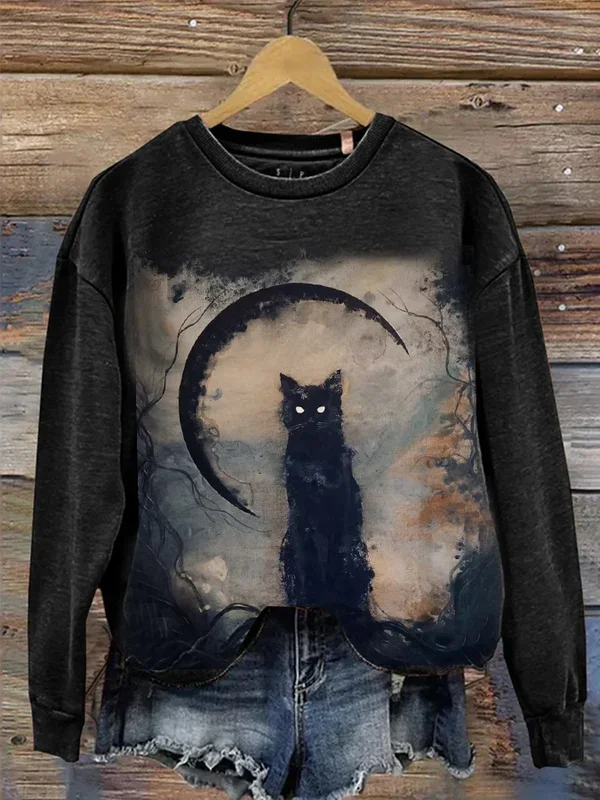 Halloween Moon Cat Print Long Sleeve Round Neck Sweatshirt