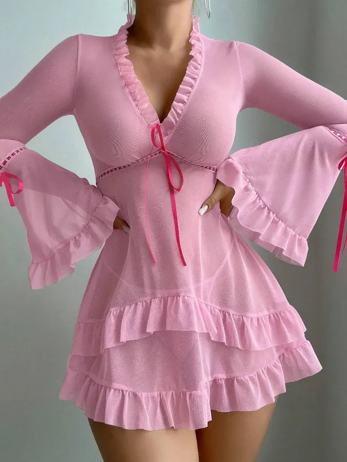 Churchf Sex Lingerie New Sexy Print Mesh Perspective Long-Sleeved Strap Strips With Short Back Dress