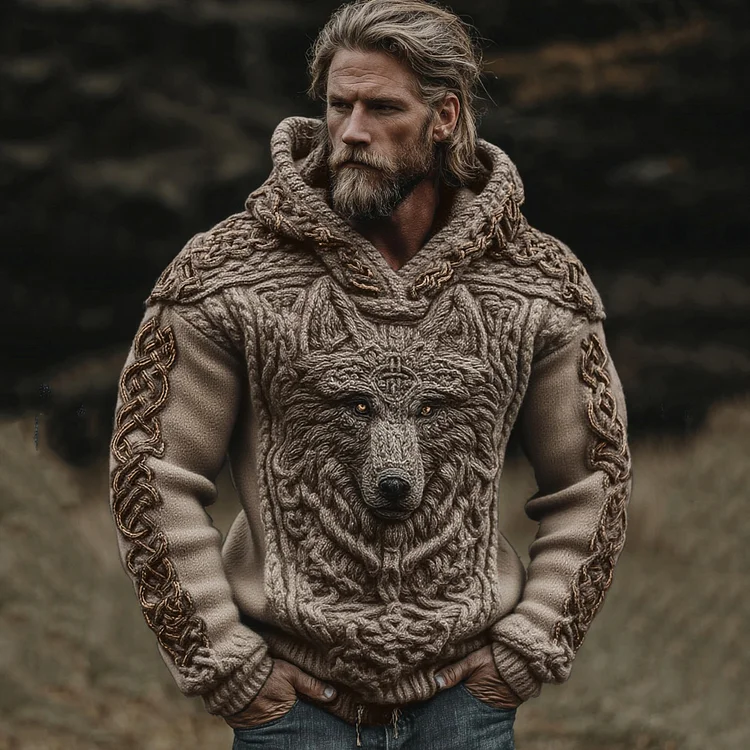 Men's Viking Wolf Celtic Knot Jacquard Knitted Hooded Sweater