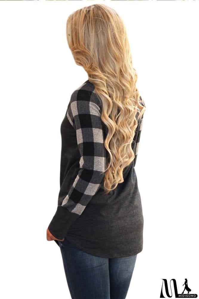 MidiSono - Monochrome Plaid Sleeve Charcoal Top