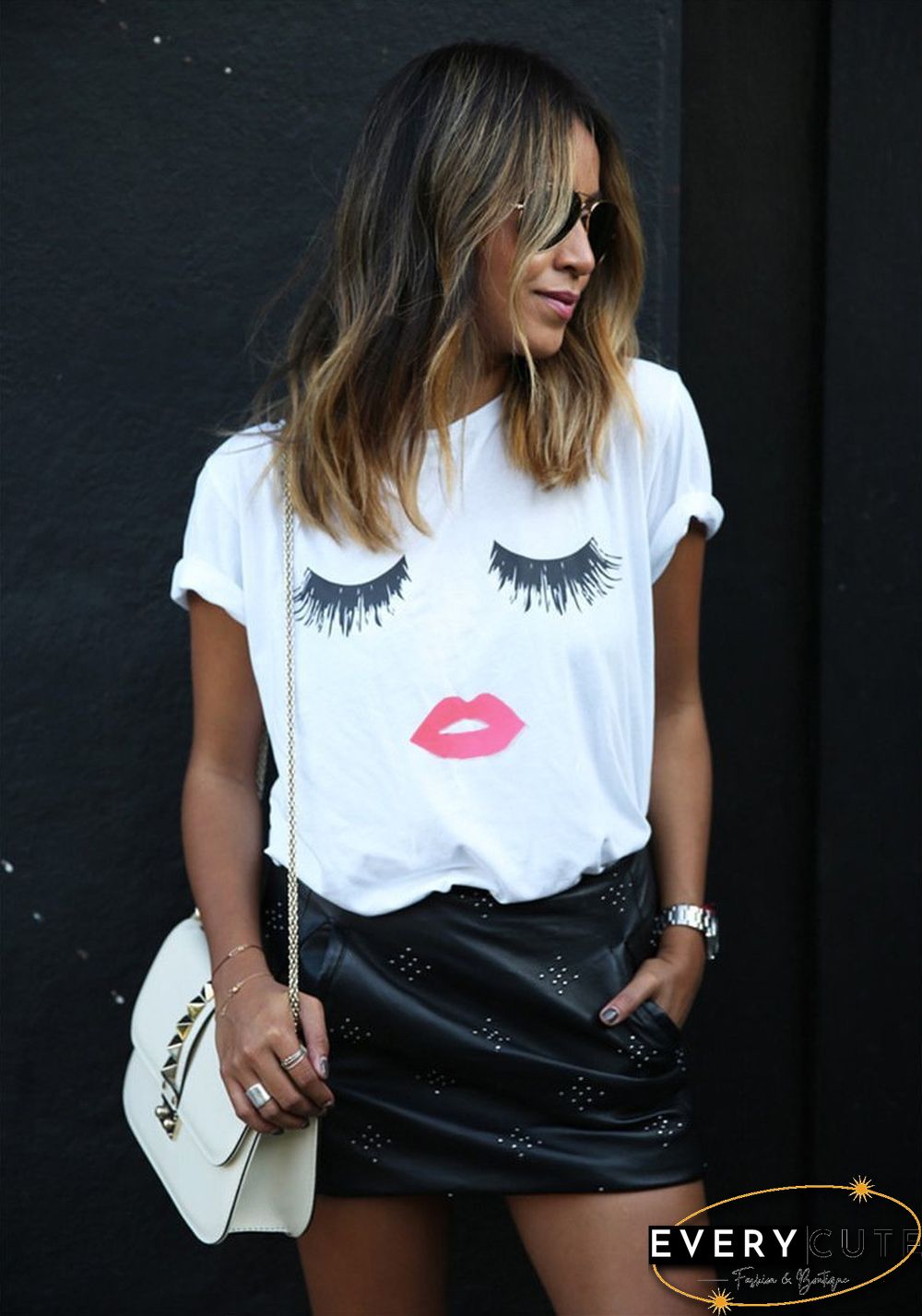 Eyelash And Red Lip Print Short Sleeve T-Shirt