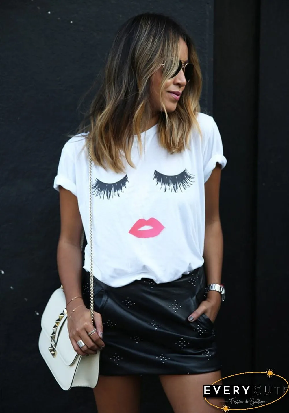 Eyelash And Red Lip Print Short Sleeve T-Shirt