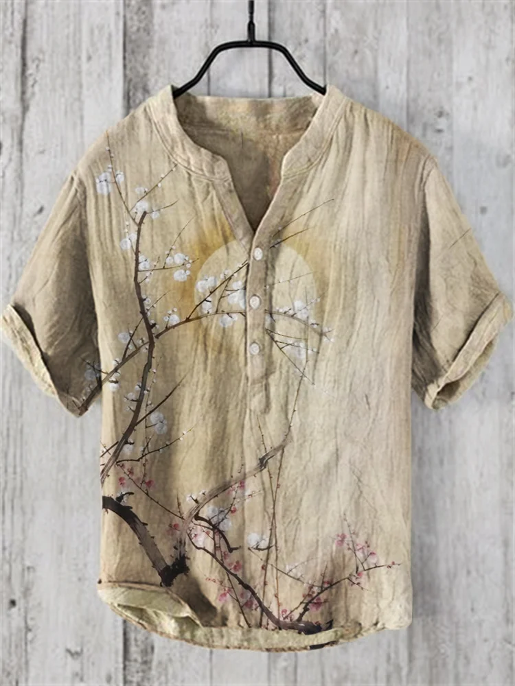 Plum Blossom Full Moon Japanese Art Linen Blend Shirt