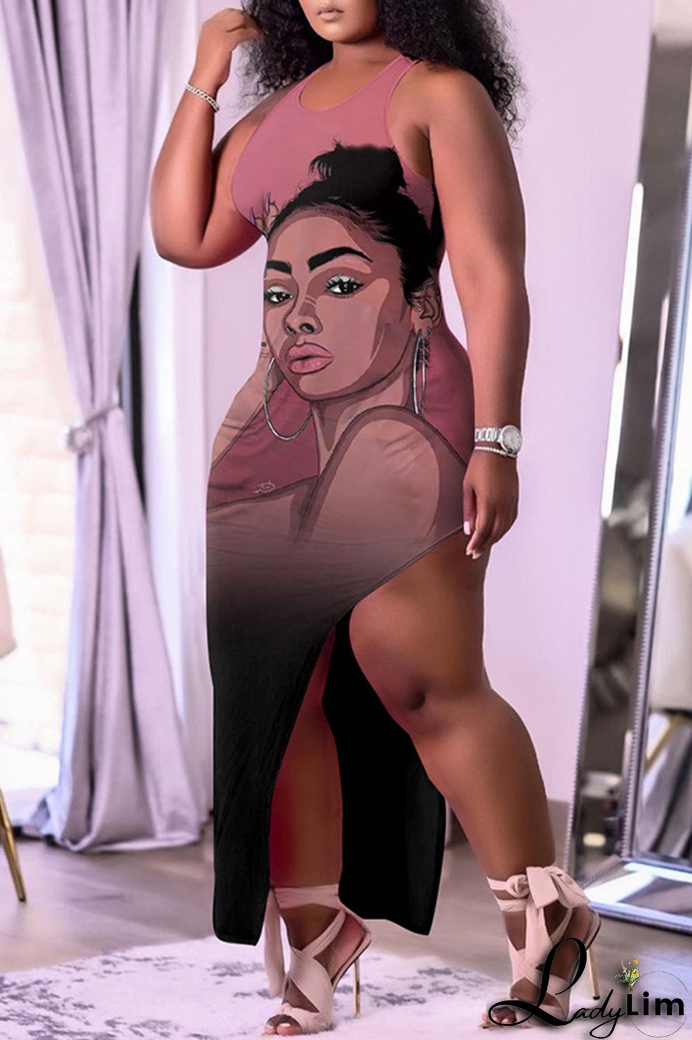 Cream White Fashion Sexy Plus Size Print Backless Slit U Neck Sleeveless Dress