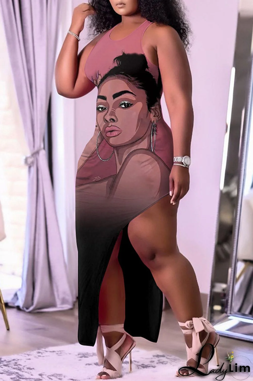 Cream White Fashion Sexy Plus Size Print Backless Slit U Neck Sleeveless Dress