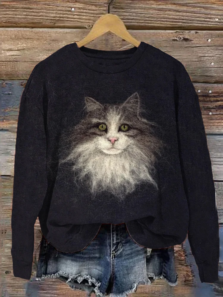 Cute Cat Felt Art Cozy Sweatshirt