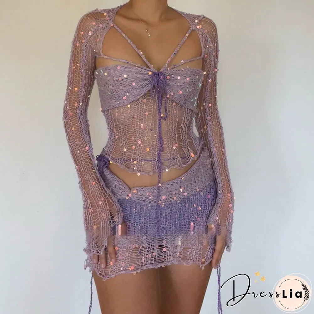 Sexy Sequin Knitted Sweater Three Piece Skirt Sets